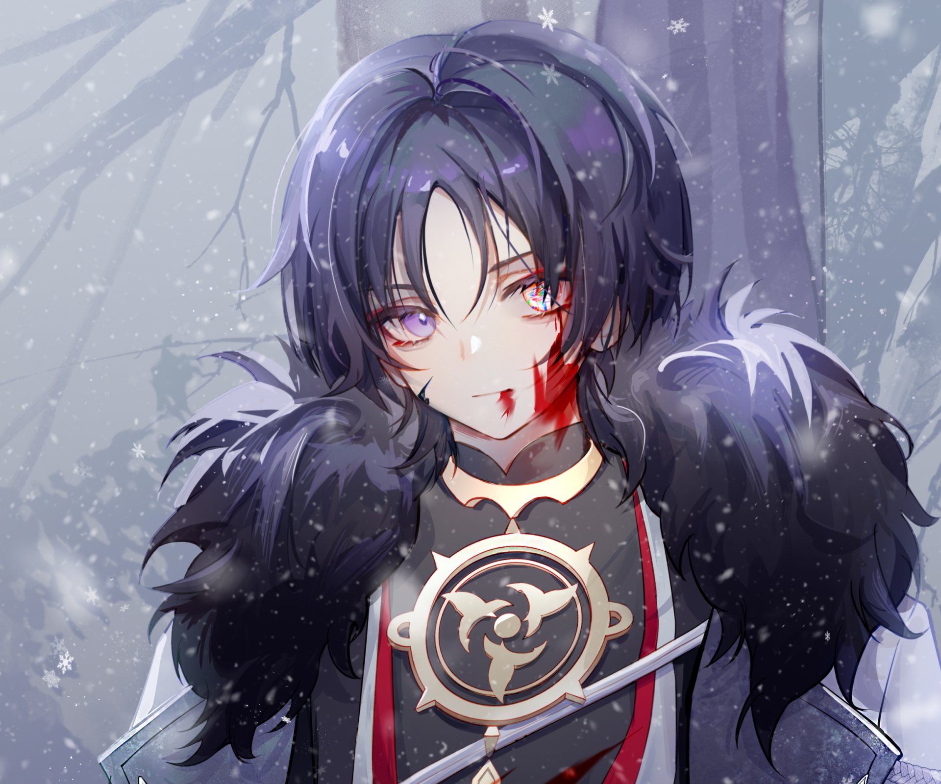 HD PC desktop wallpaper featuring Scaramouche from the video game Genshin Impact, with a snowy background and detailed anime-style artwork.