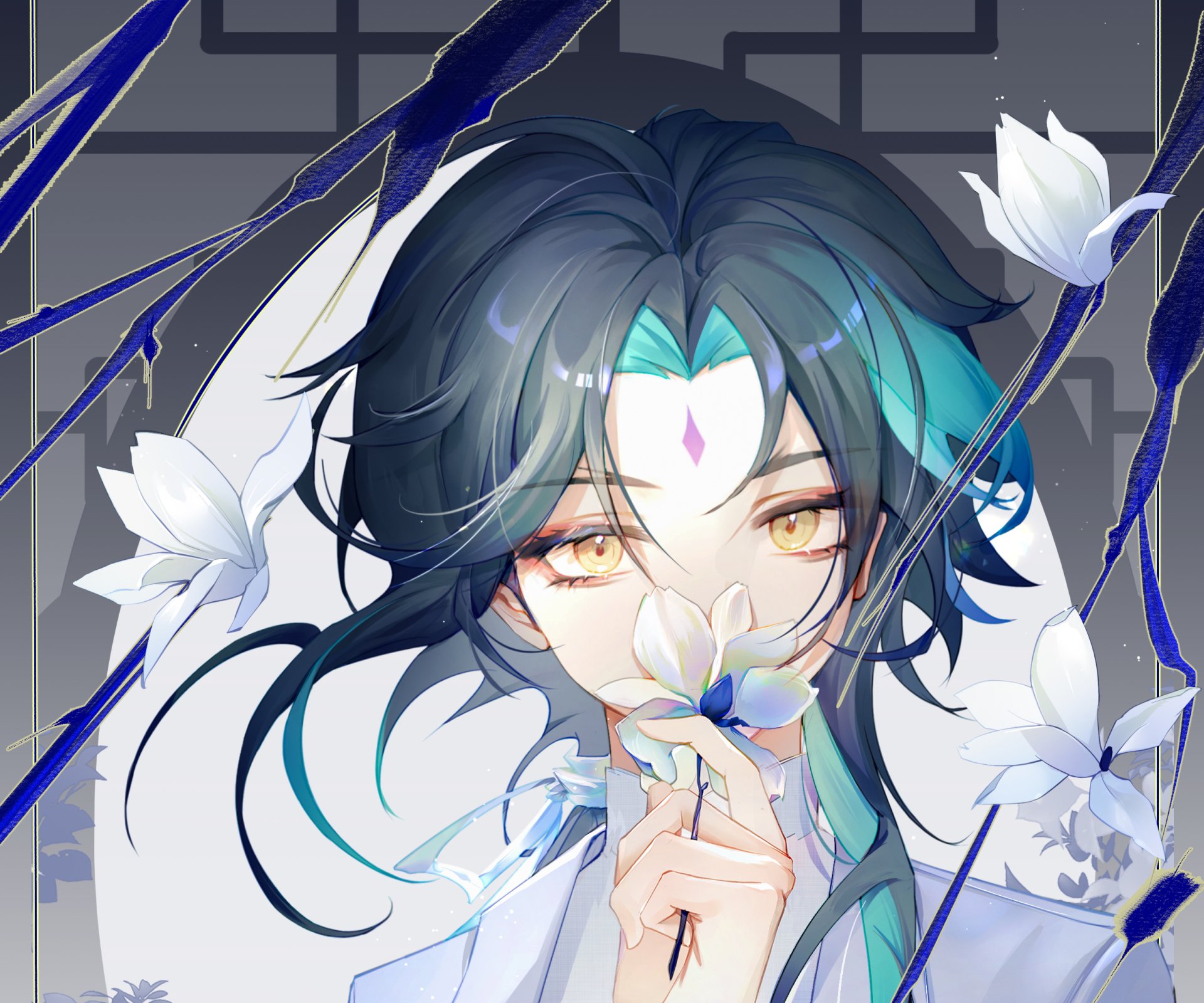 HD PC desktop wallpaper featuring Xiao from the video game Genshin Impact, surrounded by white flowers and intricate blue accents.