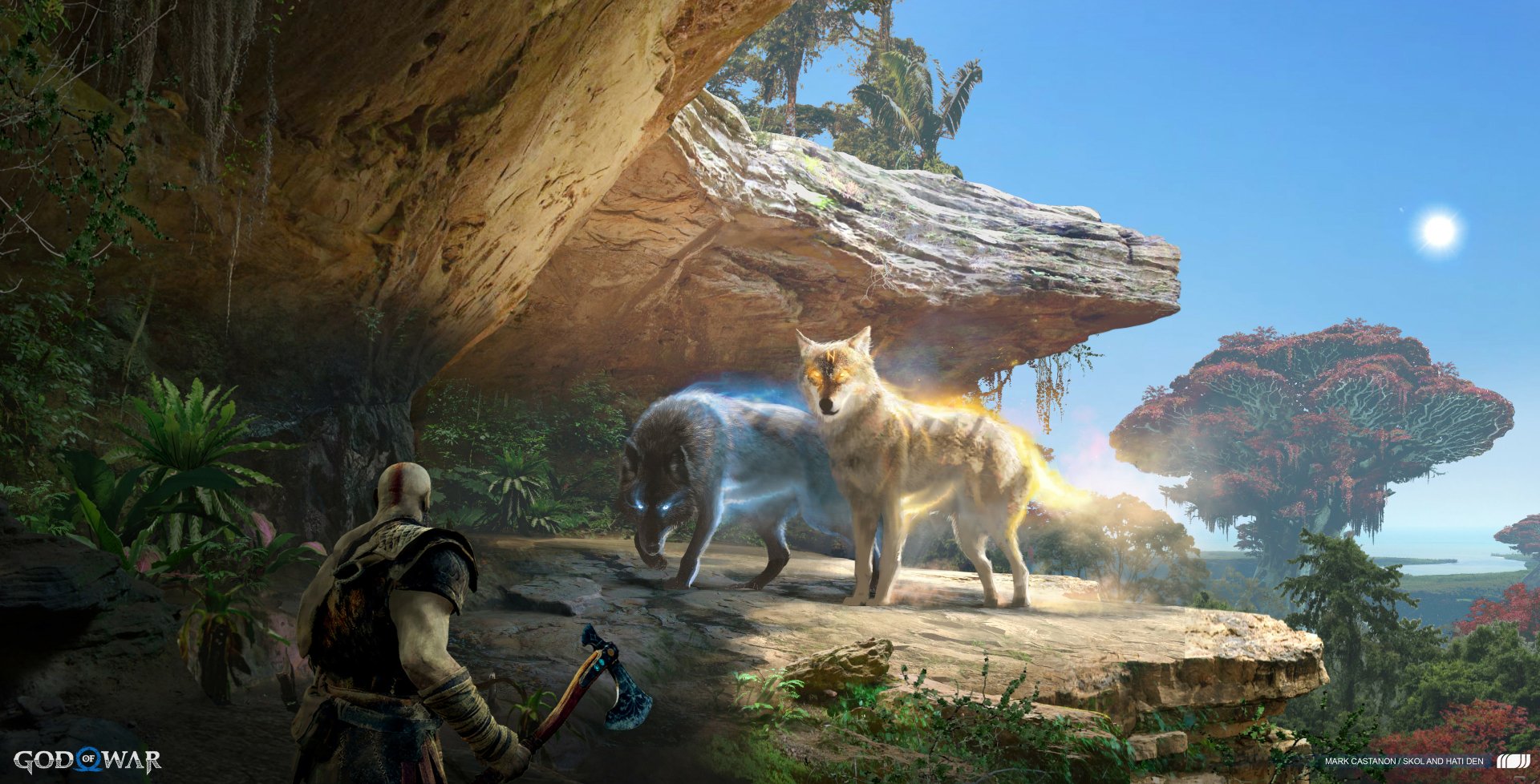 Video game — God of War: Ragnarök 2K Quad HD PC desktop wallpaper: Kratos on a sunlit cliff with two glowing wolves amid lush Nordic scenery.