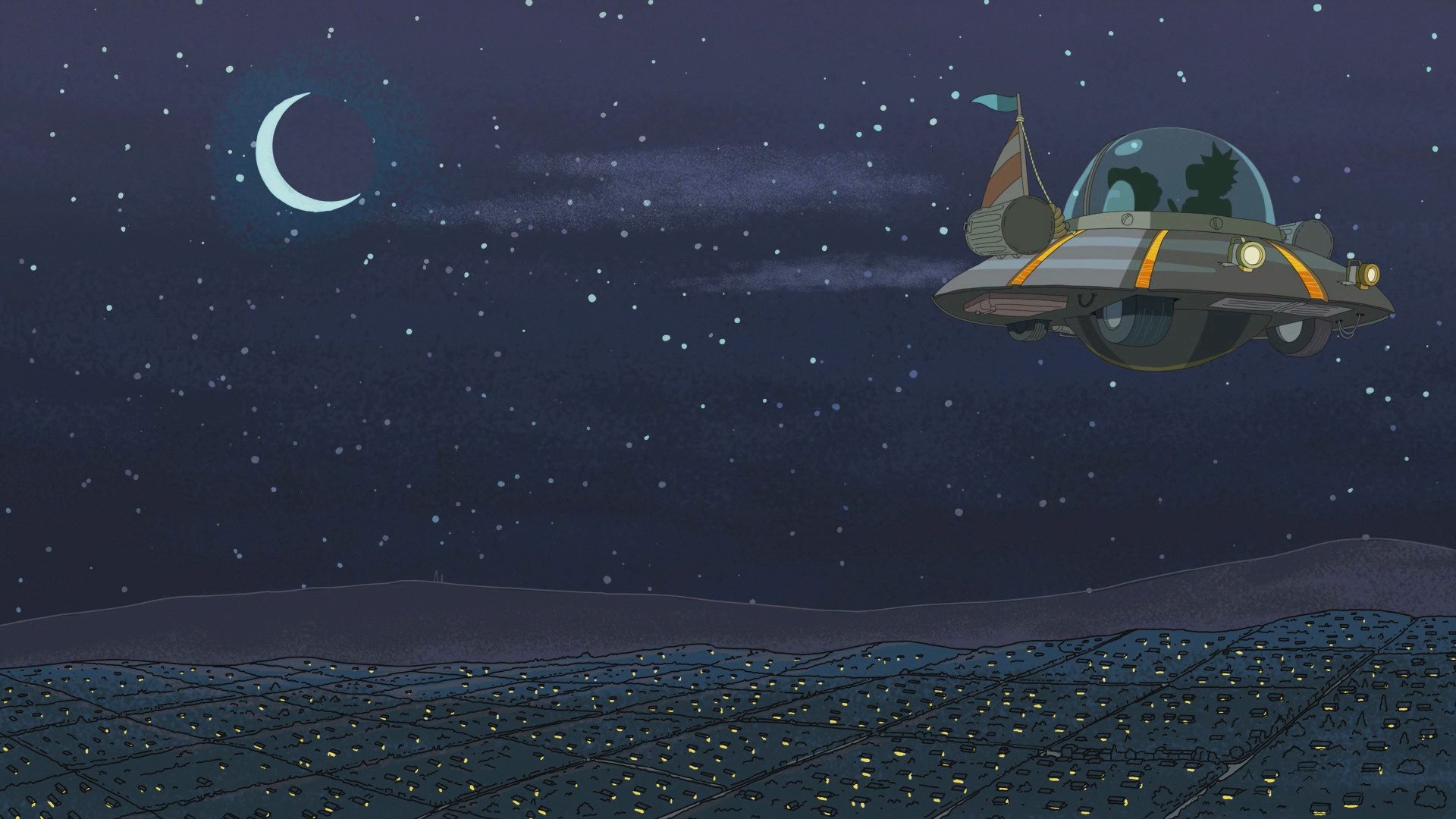 Rick and Morty HD PC desktop wallpaper showing the show's spaceship over a starlit night with a crescent moon and a sprawling city of glowing lights.