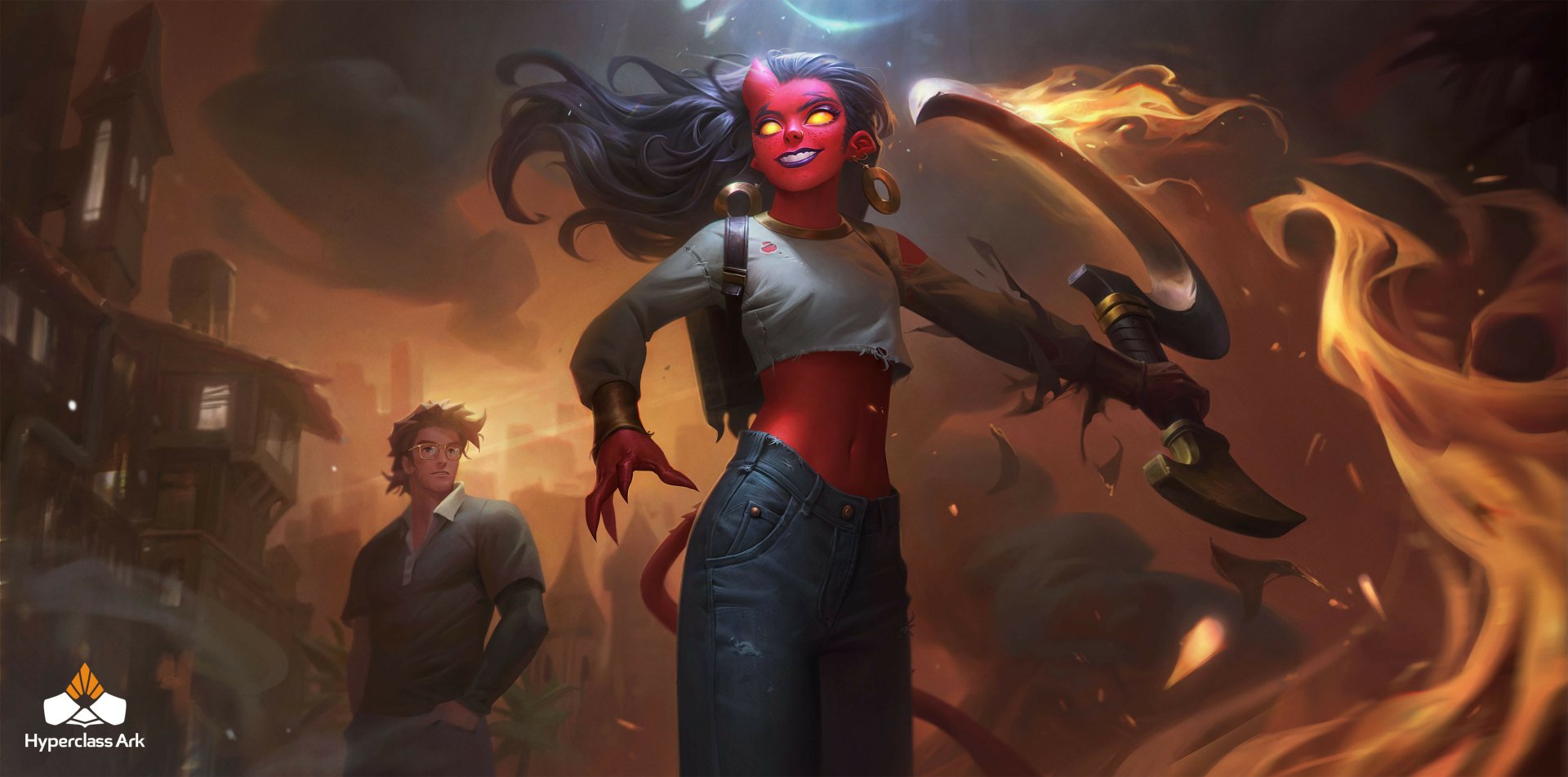 HD fantasy desktop wallpaper depicting a confident red-skinned demon woman with glowing eyes, fiery horns, and a large curved weapon, set against a smoky, dark background.