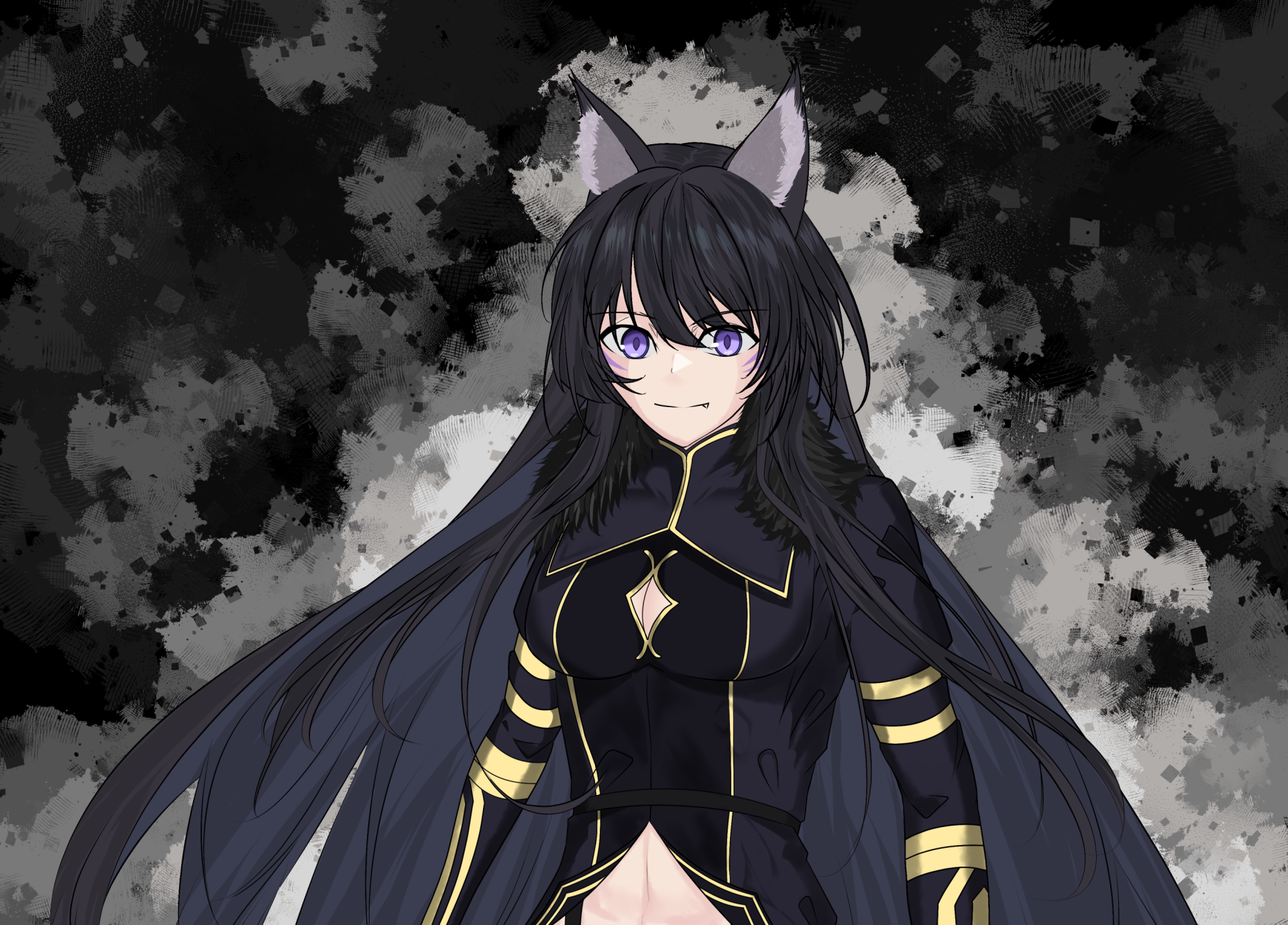 HD anime wallpaper of Delta from The Eminence in Shadow, featuring her with long black hair, cat ears, and striking purple eyes against a dark, textured background.