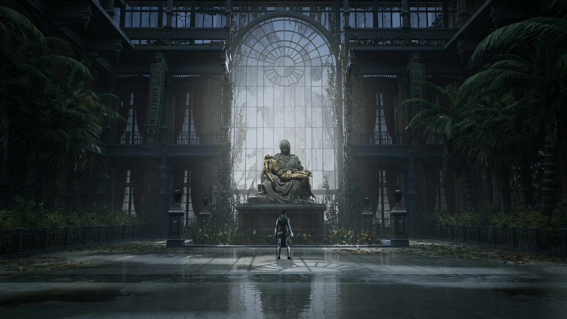 4K Ultra HD PC wallpaper featuring a dramatic scene from the video game Lies Of P, showing a lone figure facing a large statue in a grand, dimly lit hall.