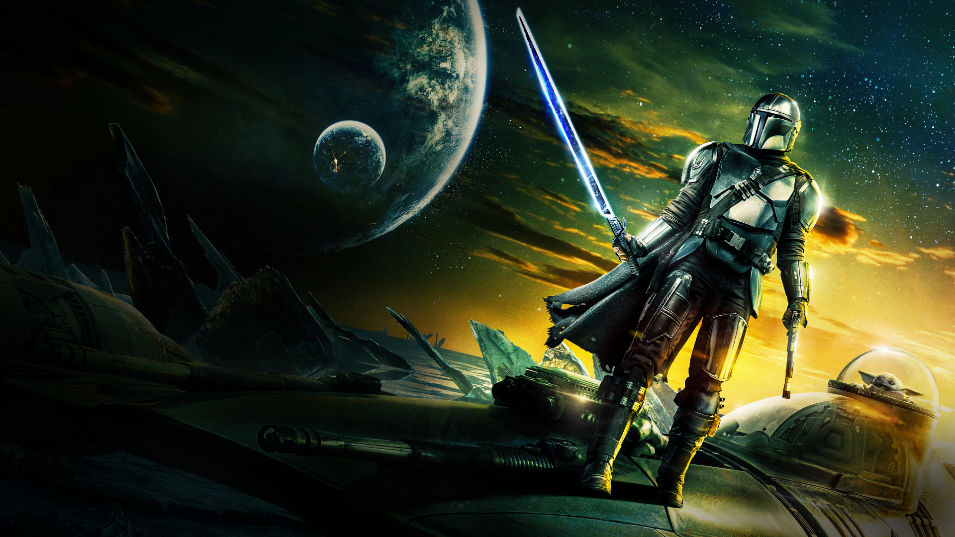 The Mandalorian stands on an alien landscape holding a blue lightsaber, with planets visible in the glowing sky, featured in a 4K Ultra HD PC desktop wallpaper from the TV show.