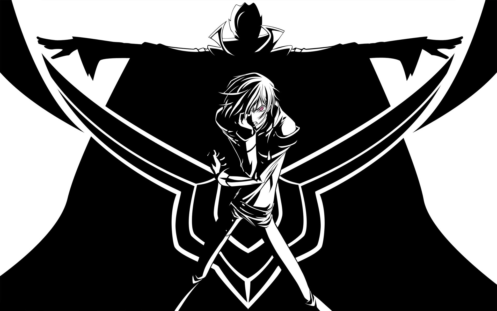 High-contrast black and white HD PC desktop wallpaper featuring Lelouch Lamperouge from the anime Code Geass, with a dynamic pose and a shadowy figure behind him.