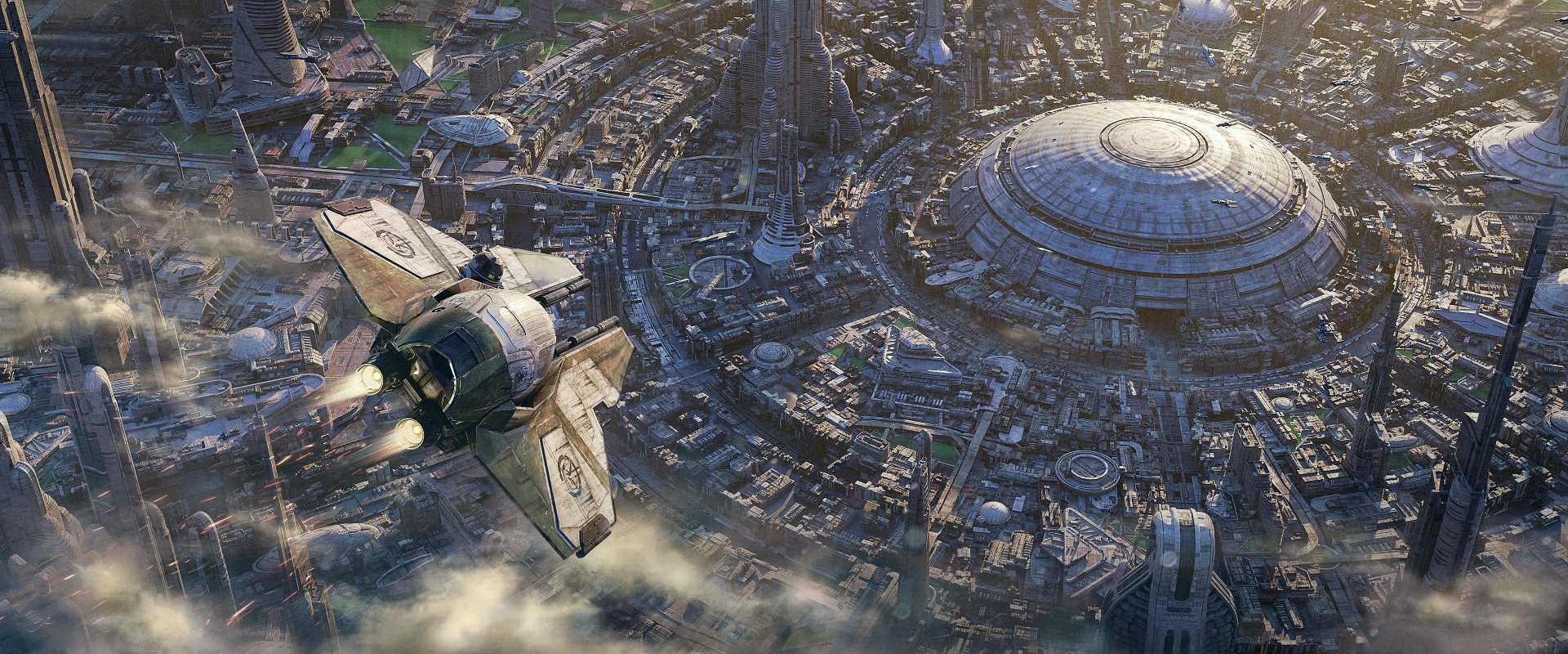 A high-definition Star Wars desktop wallpaper showing a spaceship flying over a futuristic cityscape with a large dome structure. Sci-fi elements create an immersive background.