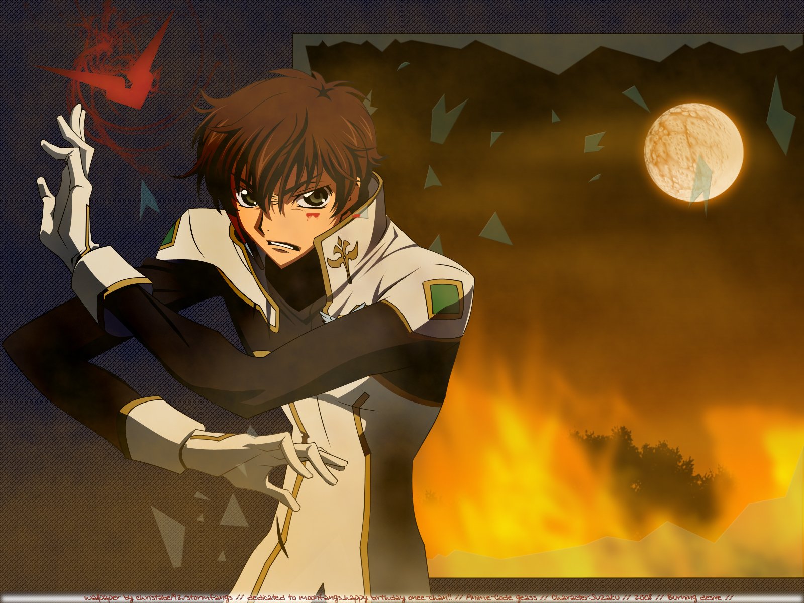 Suzaku Kururugi (Code Geass) anime HD PC desktop wallpaper: determined pose beneath a moonlit sky with flames and dramatic, fiery background.