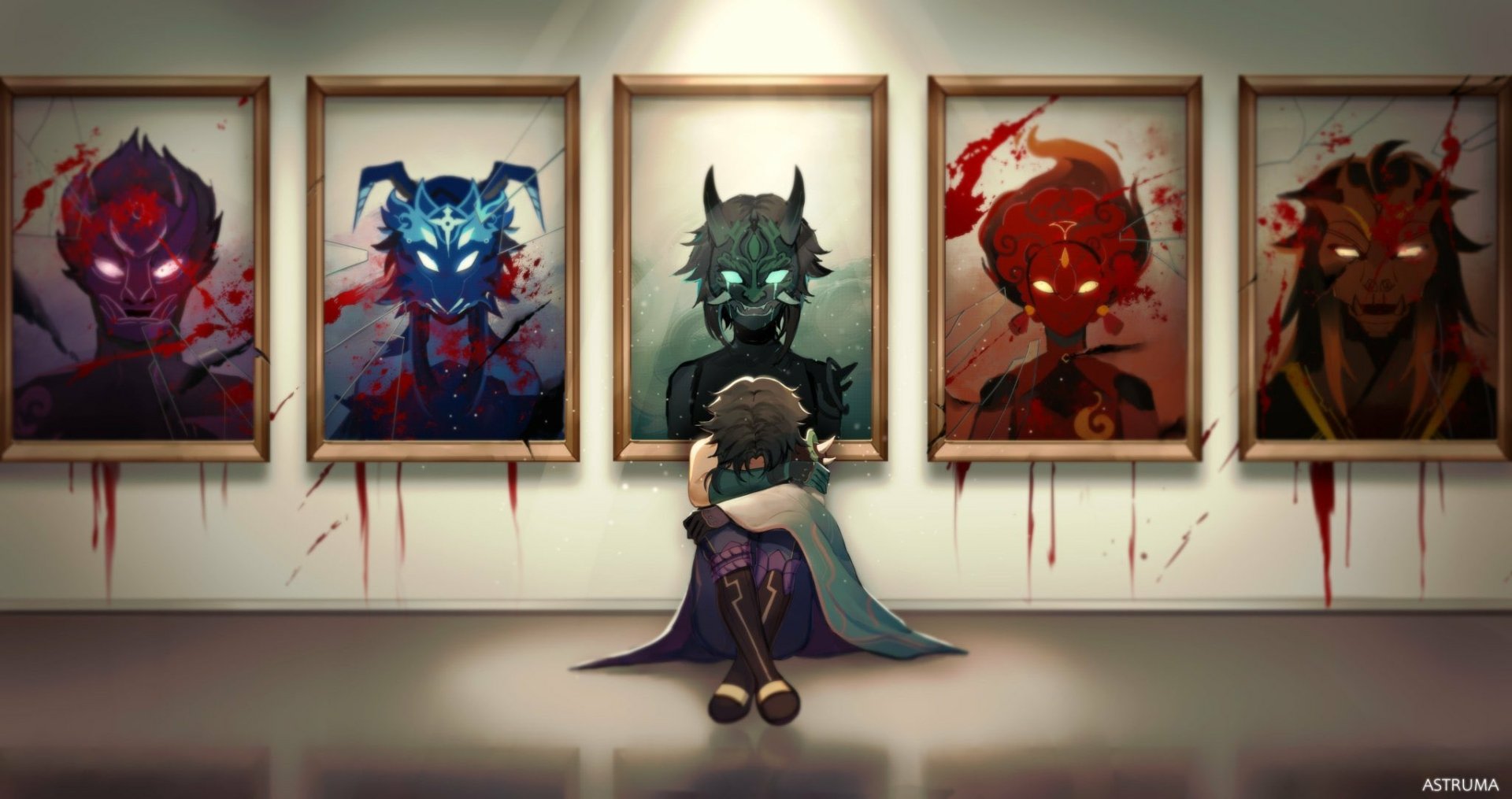 HD PC desktop wallpaper featuring Xiao from the video game Genshin Impact, sitting with his back against a wall adorned with eerie, blood-stained portraits.