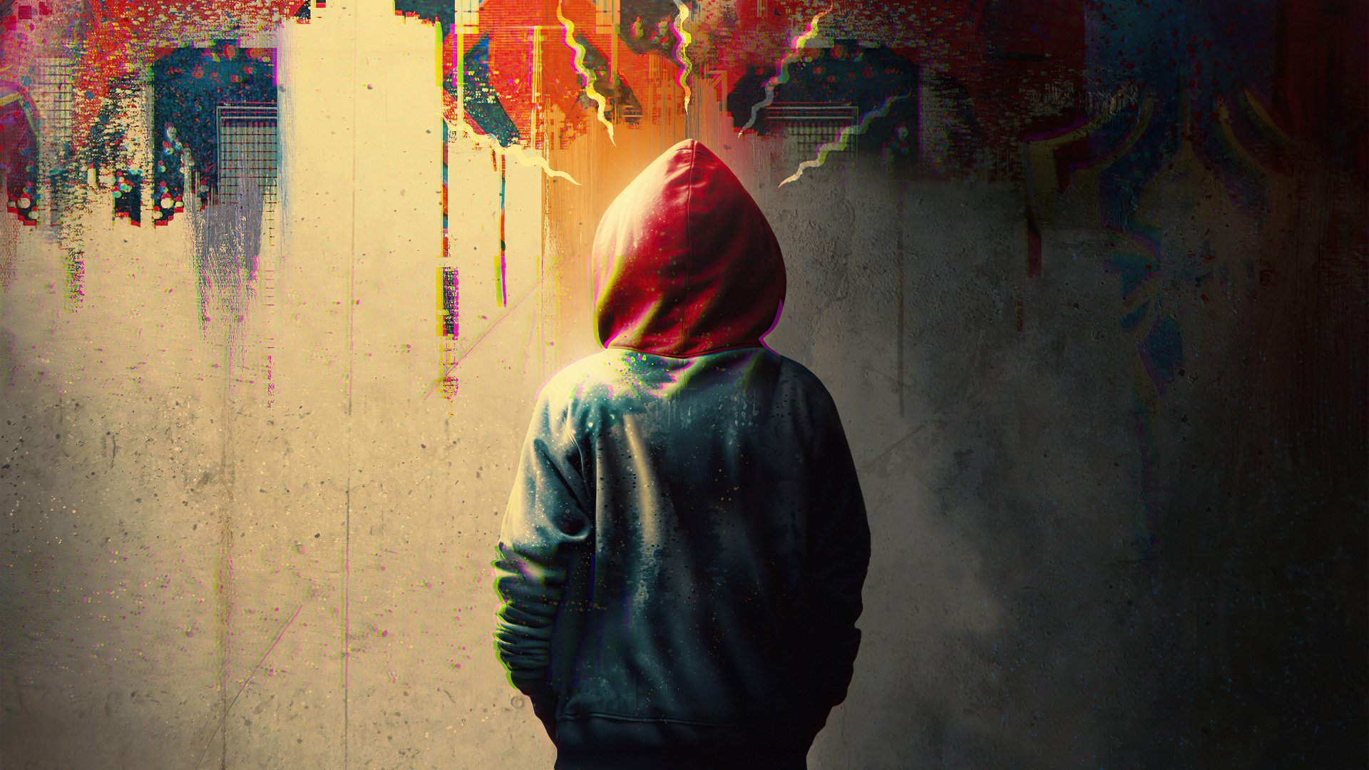 4K Ultra HD desktop wallpaper featuring a mysterious figure in a red hood from the movie Spider-Man: Across the Spider-Verse against a vibrant, abstract background.