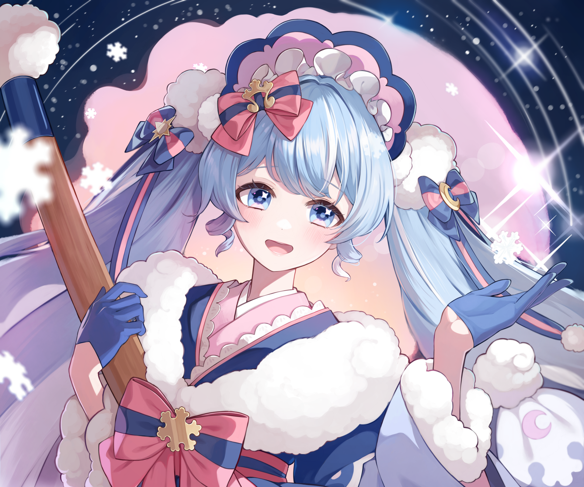 HD anime desktop wallpaper featuring Hatsune Miku, the iconic Vocaloid, with blue twin-tails and a festive outfit against a starry, pink-hued background.