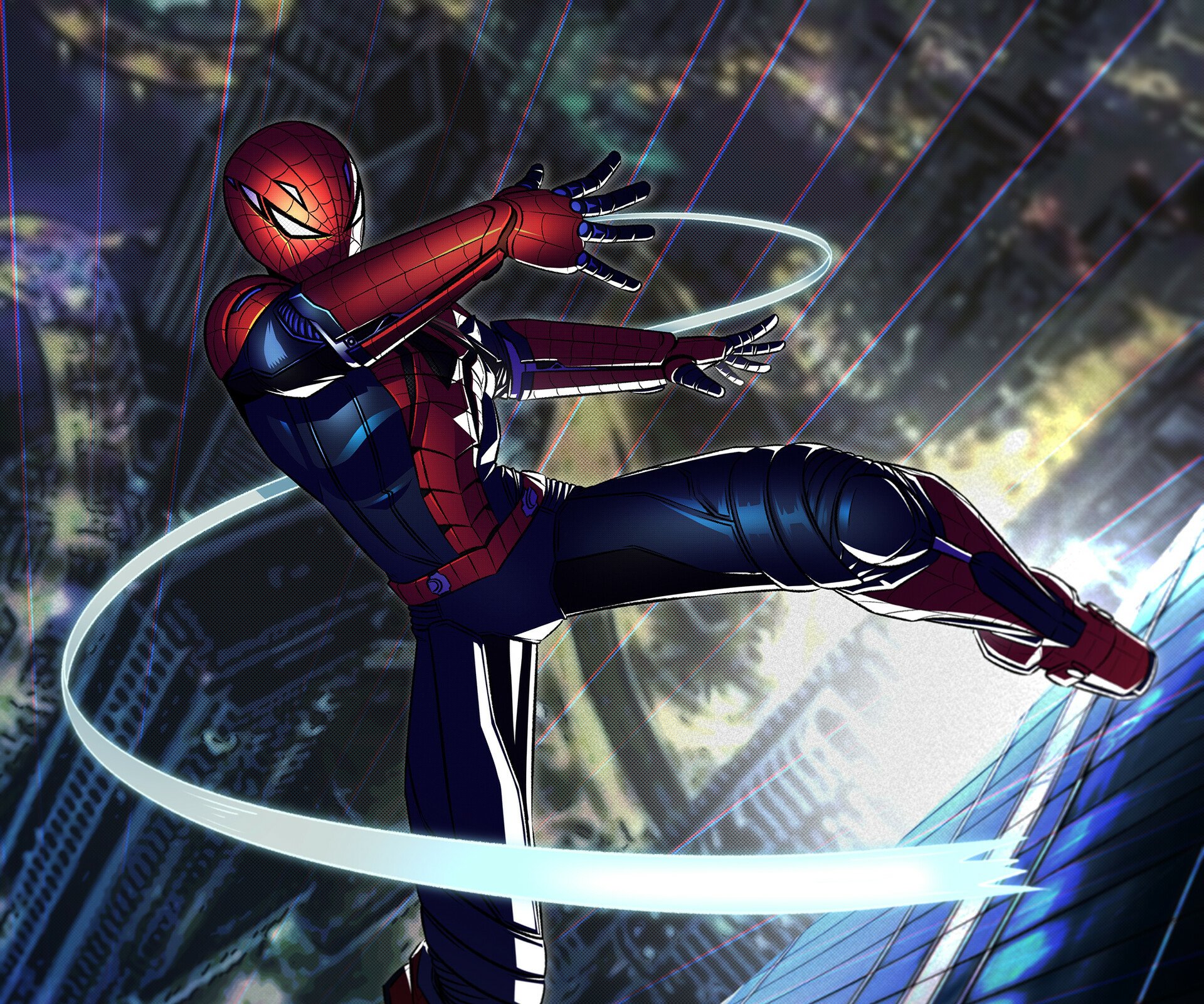 HD PC desktop wallpaper of Spider-Man in a dynamic comic-style pose, shooting webs against a blurred cityscape background.