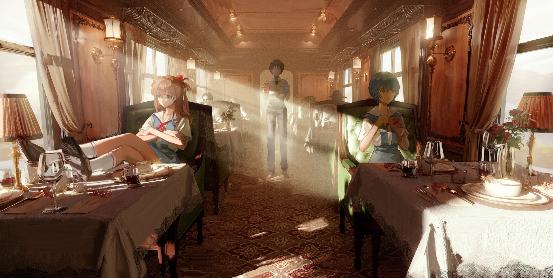HD anime wallpaper featuring Shinji Ikari, Asuka Langley Sohryu, and Rei Ayanami from Neon Genesis Evangelion in a warmly lit, vintage dining setting.