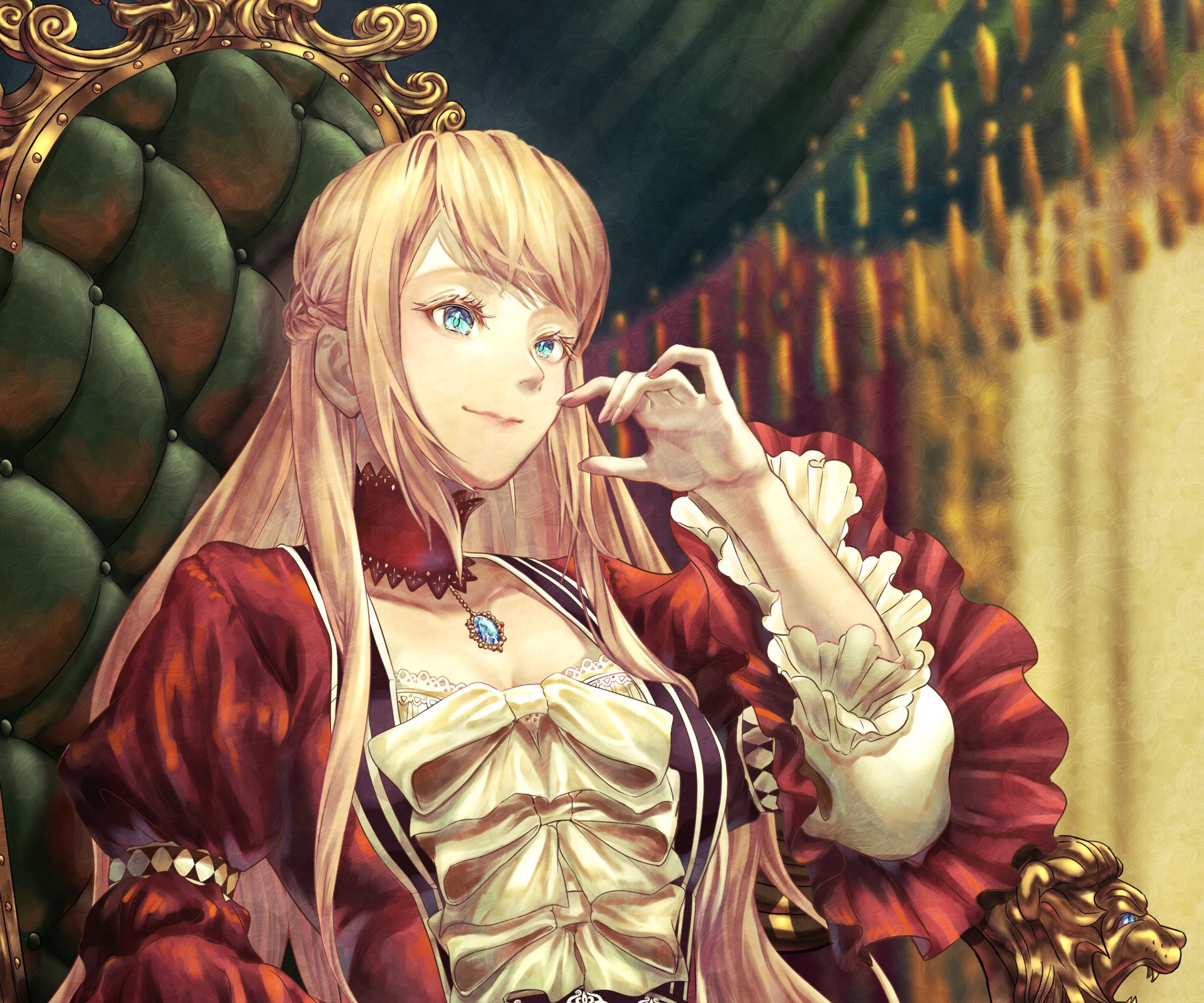 Ariel Anemoi Asura (Mushoku Tensei) in an ornate red gown, reclining on a tufted chair with a jewel pendant, richly detailed 2K Quad HD anime PC desktop wallpaper.