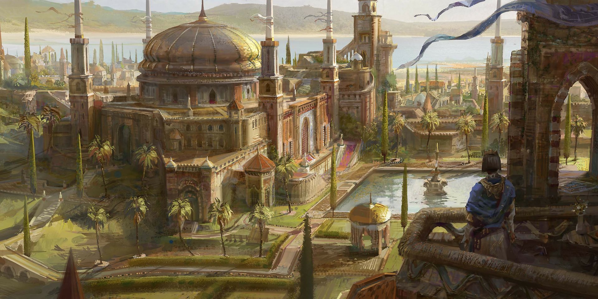 A detailed fantasy cityscape with grand domed buildings and towers, viewed from a high vantage point in an HD PC desktop wallpaper and background.