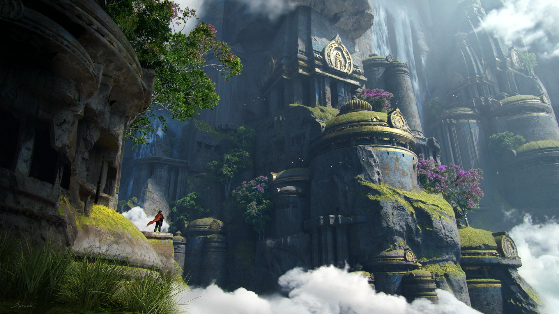 4K Ultra HD fantasy temple nestled among towering cliffs and lush greenery, bathed in soft sunlight breaking through clouds, creating a mystical, serene atmosphere.
