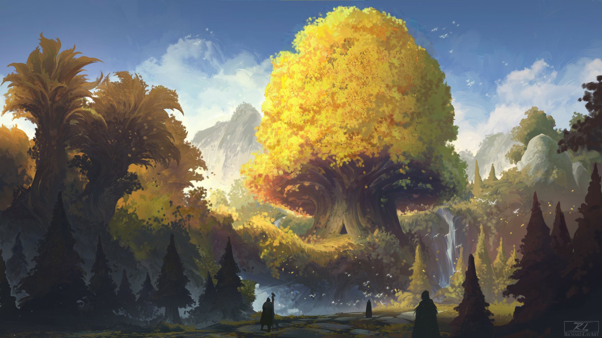 A fantasy forest scene featuring a massive glowing tree at its center, surrounded by smaller trees and distant mountains, captured in 4K Ultra HD for PC desktop wallpaper.