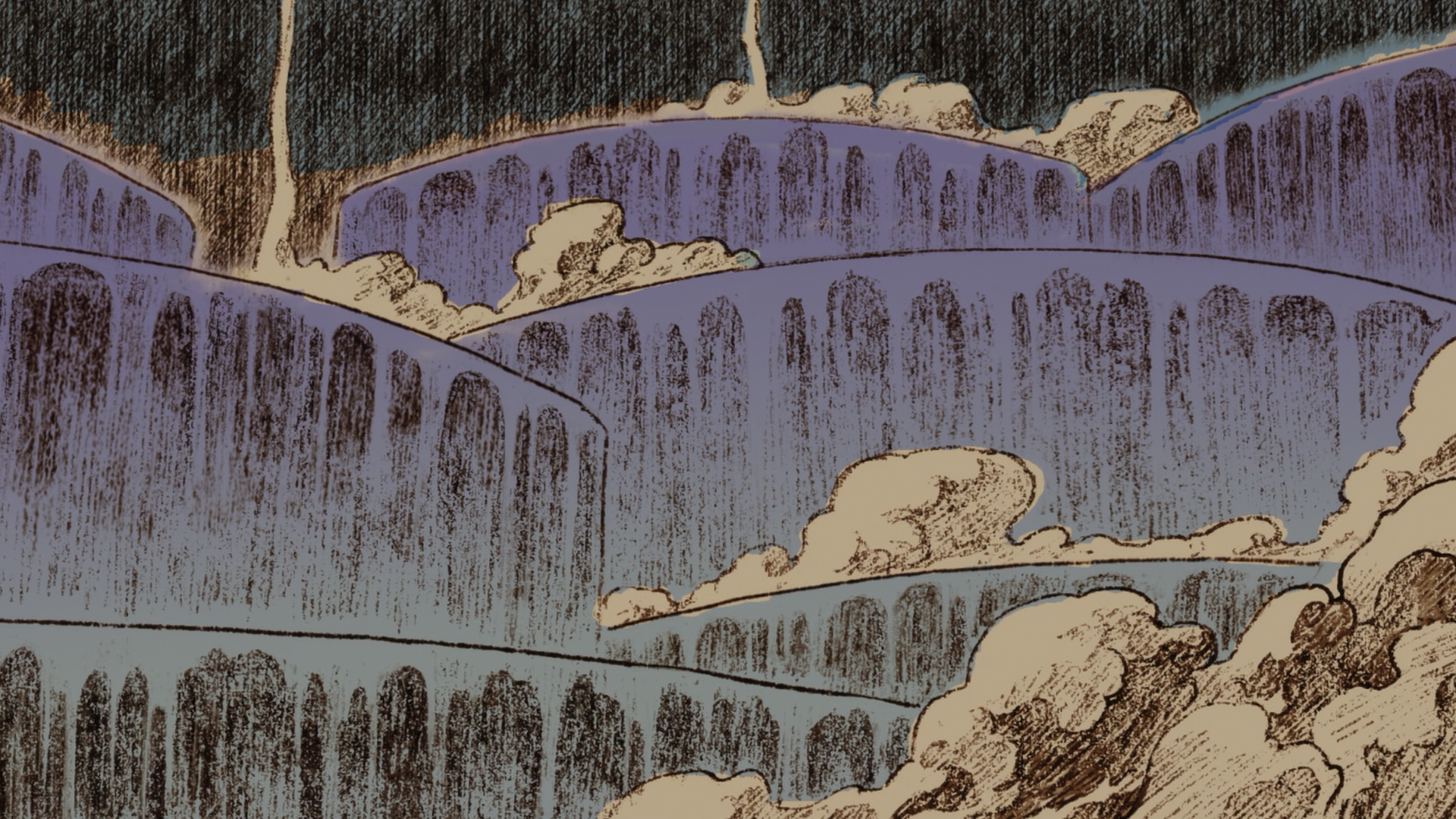Anime HD desktop wallpaper — Made in Abyss: stylized layered cliffs and misty ledges with cascading waterfall textures and cloudlike rock formations in muted purples and browns.