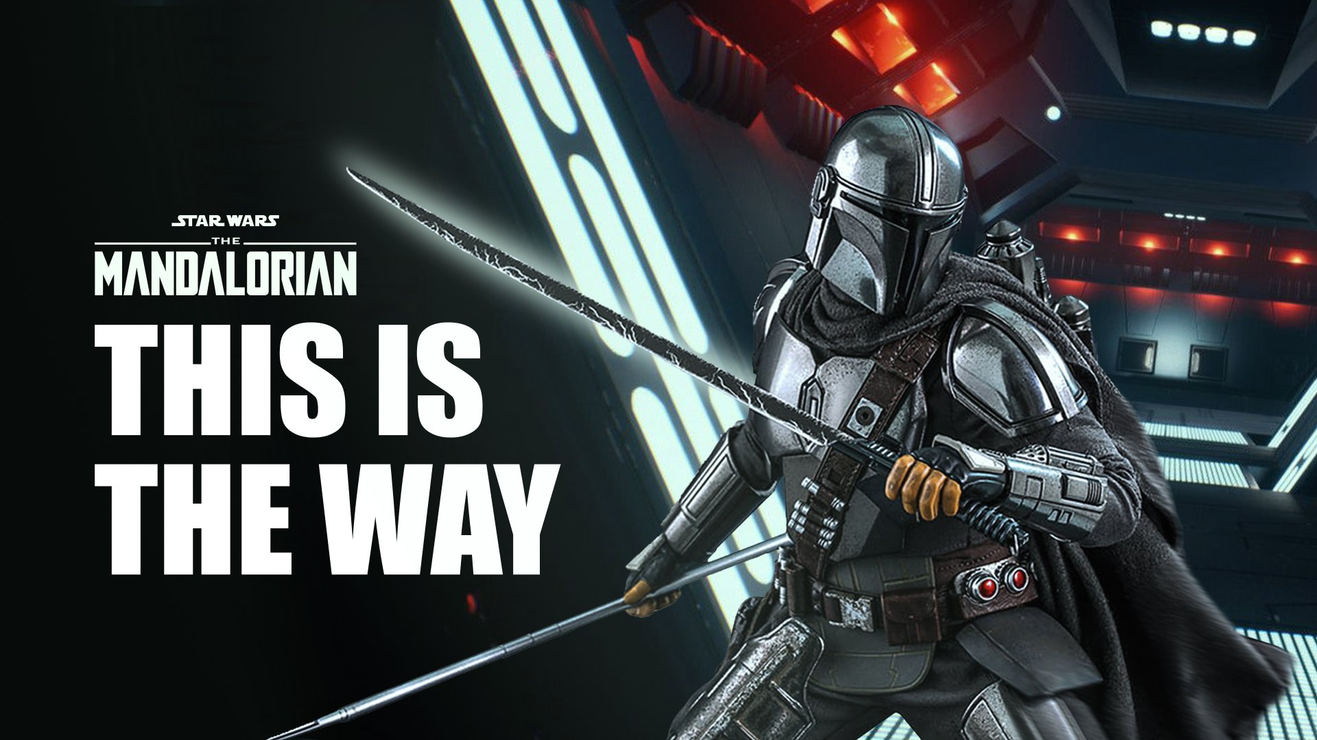 4K Ultra HD PC desktop wallpaper of The Mandalorian in beskar armor wielding two weapons aboard a dimly lit starship interior, with bold THIS IS THE WAY text.