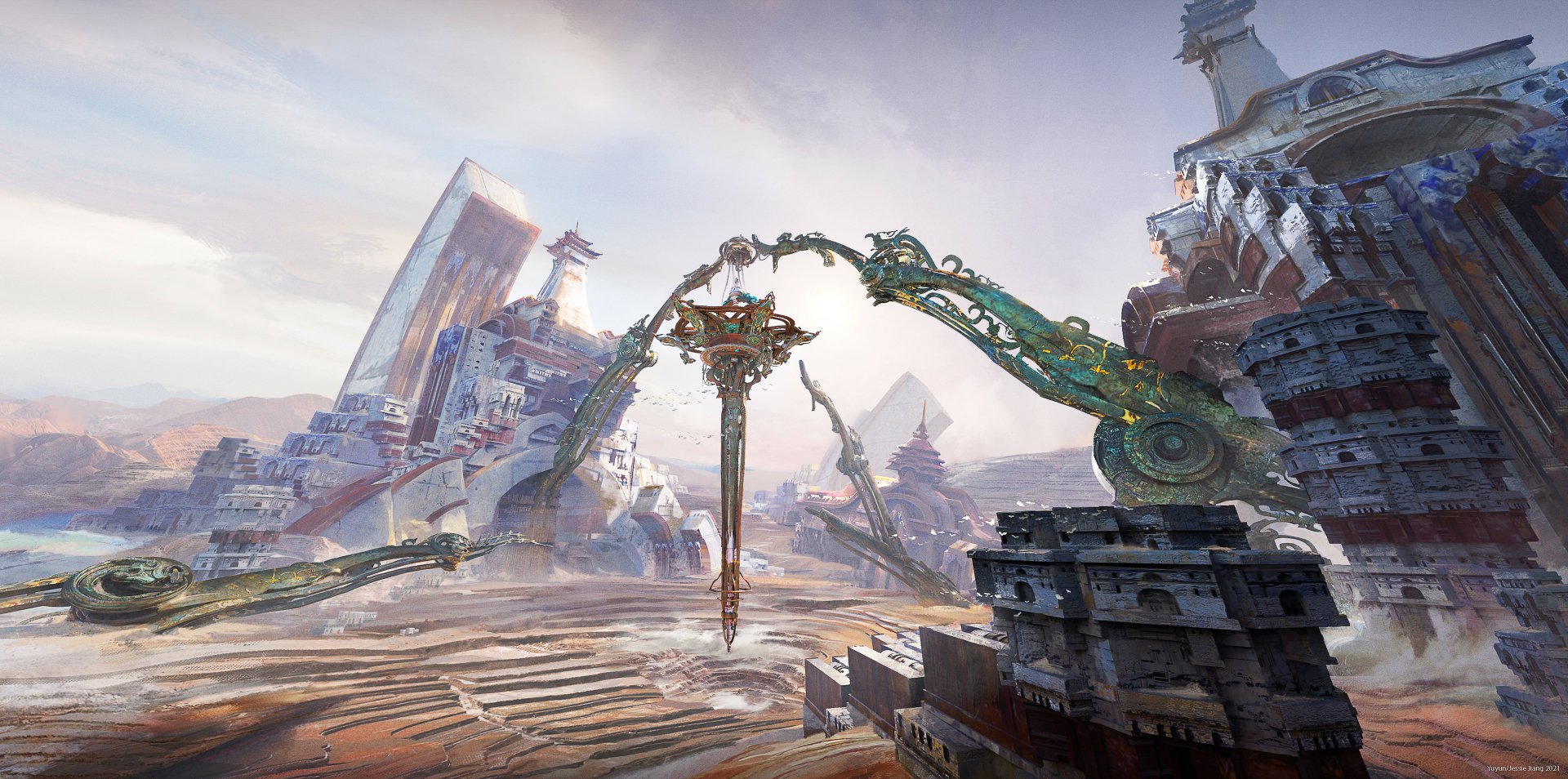 Fantasy city 2K Quad HD PC desktop wallpaper: a vast, weathered plaza with an ornate mechanical arm holding a jeweled relic amid towering, crumbled spires under a pale sky.