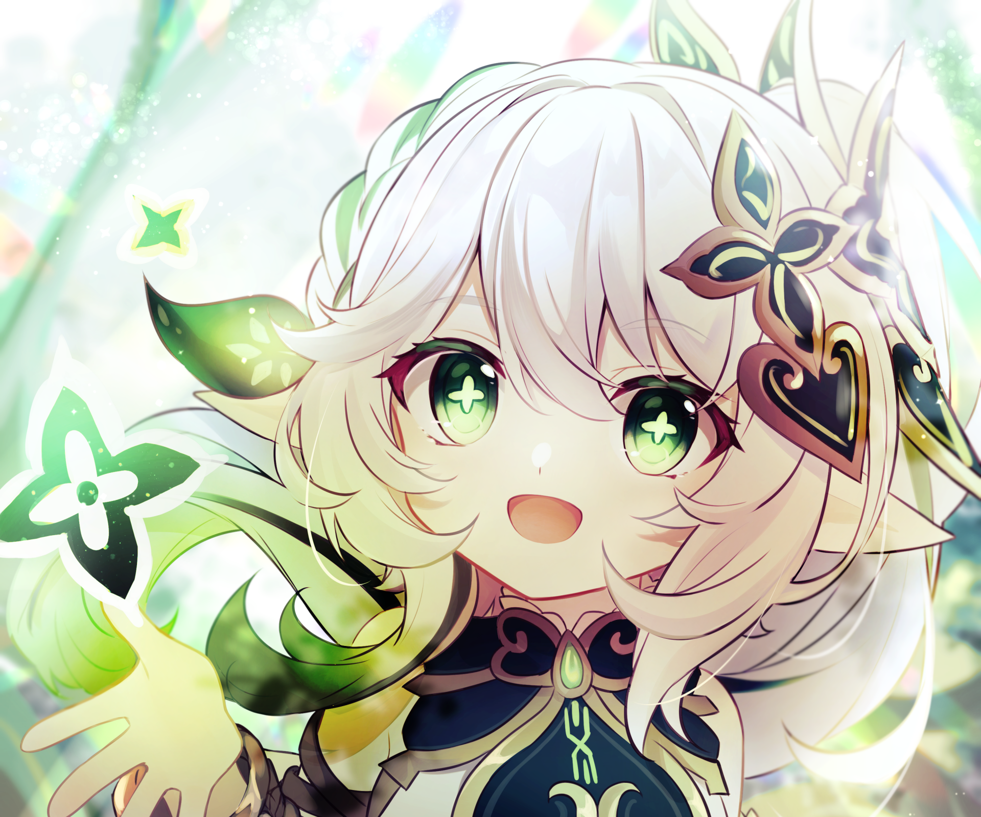Nahida (Genshin Impact) smiling with glowing green eyes and floral motifs - HD PC desktop wallpaper/background featuring the video game character from Genshin Impact.