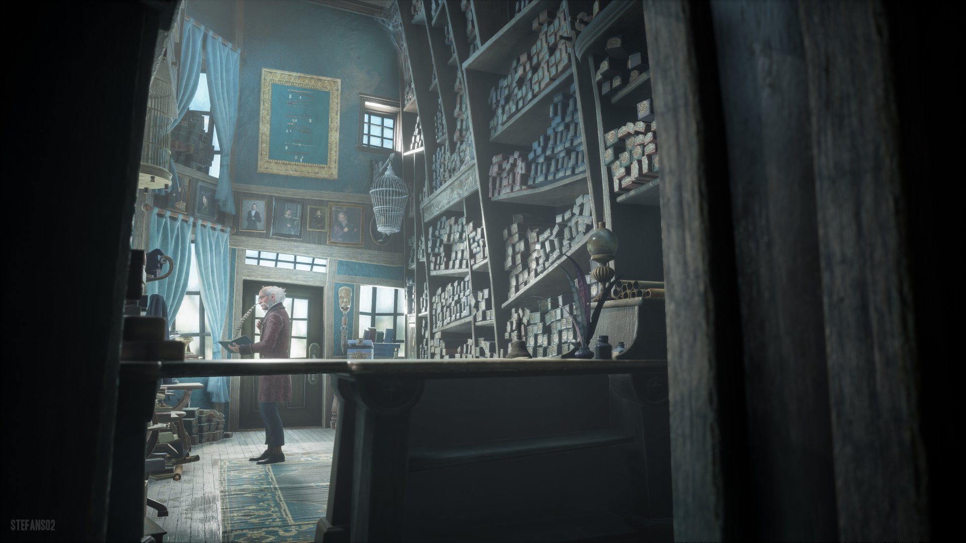 4K Ultra HD PC desktop wallpaper from the video game Hogwarts Legacy: dim potion shop interior with wall-to-ceiling shelves of bottles, a counter, and a robed figure by a window.