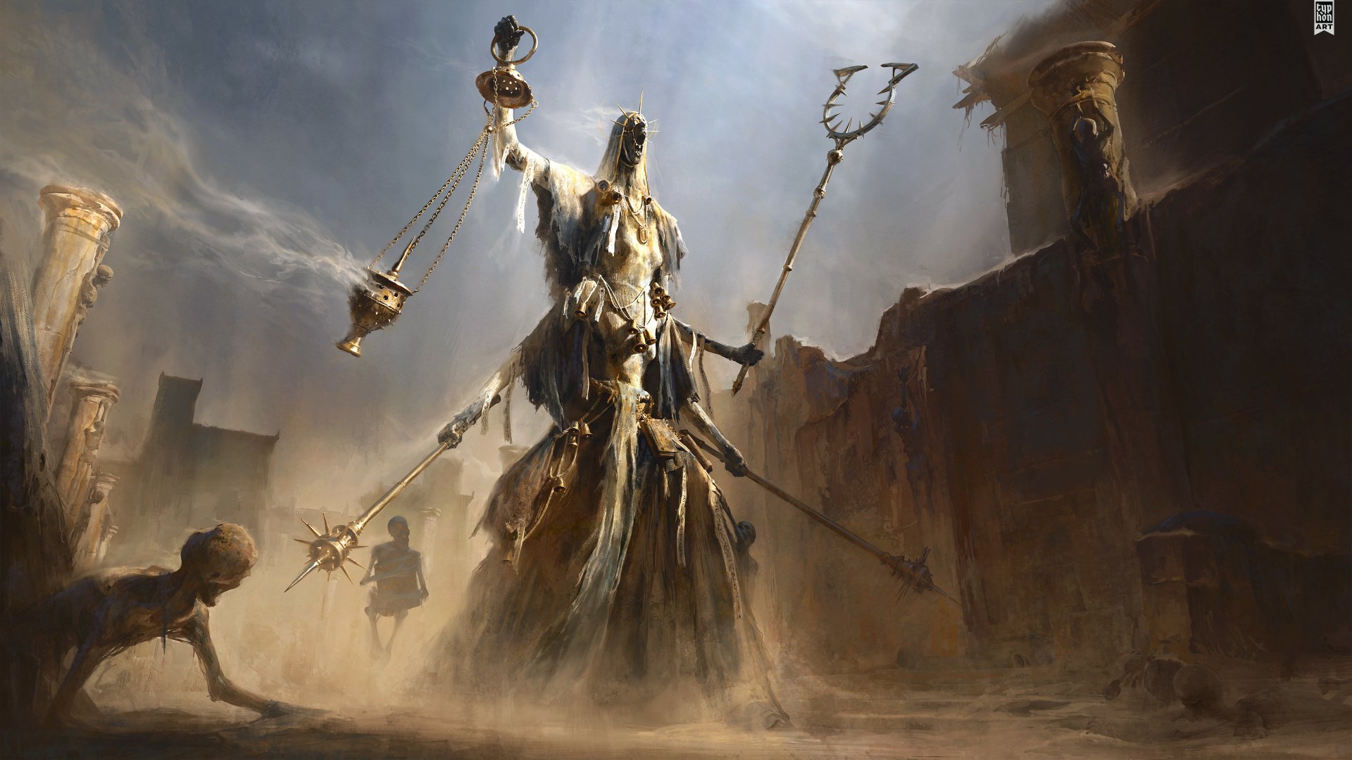 Dark hooded creature towering over a desolate city, holding scales and tridents with chained skulls; dramatic 4K Ultra HD PC desktop wallpaper/background in gritty fantasy style.