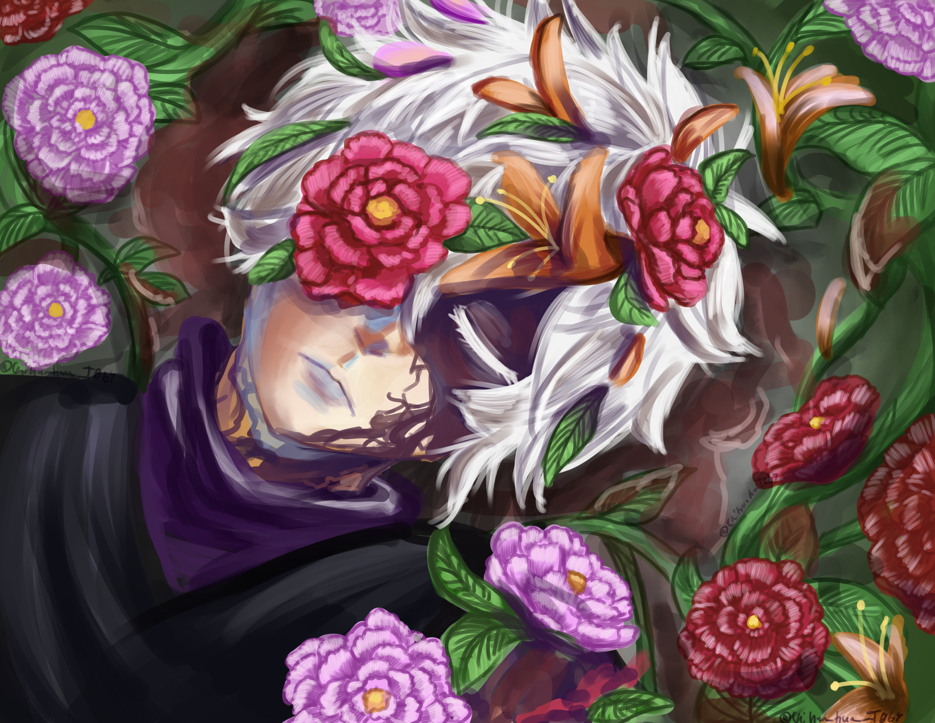 Gabimaru (Hell's Paradise) anime 2K Quad HD PC wallpaper — close-up of Gabimaru with white hair and closed eyes, red and pink camellia-like flowers and green leaves entwined around his head.
