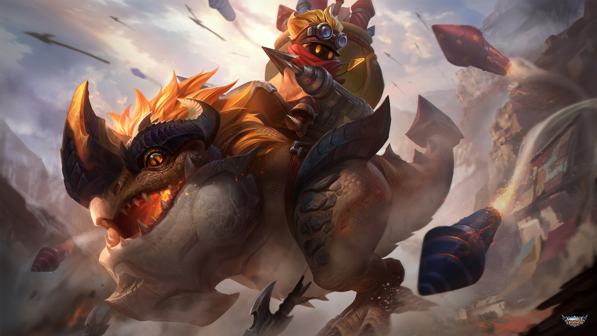 HD PC desktop wallpaper of Barats from the video game Mobile Legends: Bang Bang, charging atop a snarling armored beast through smoky, battle-torn skies.