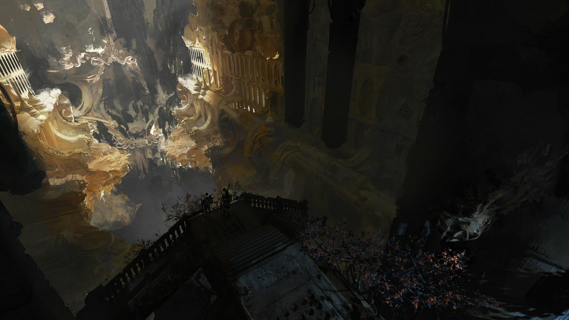 Fantasy cave HD PC desktop wallpaper: vast, dim cavern with towering arches, glowing fissures and silhouetted figures gathered on a shadowed balcony overlooking a luminous chasm.