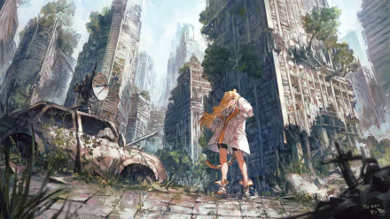 Anime post-apocalyptic 4K Ultra HD PC desktop wallpaper: lone girl with long hair and backpack stands on cracked street amid overgrown, crumbling skyscrapers and rusted cars under a bright, misty sky.
