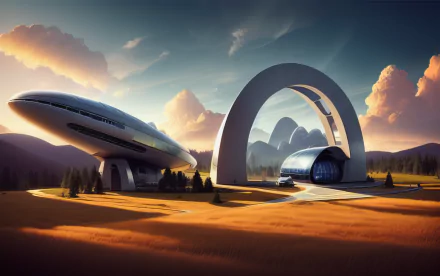 AI Art sci-fi futuristic HD PC desktop wallpaper and background: sleek starship beside a sweeping archway landing hub on golden plains under dramatic sunset clouds.