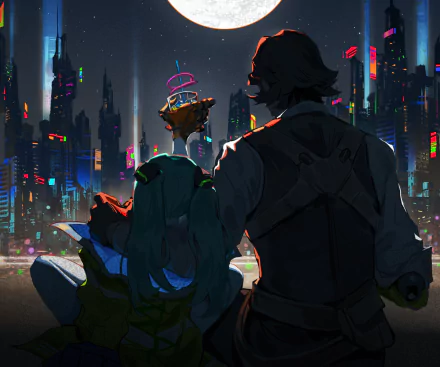 HD anime desktop wallpaper featuring Rebecca and Falco from Cyberpunk: Edgerunners overlooking a neon-lit futuristic cityscape at night.