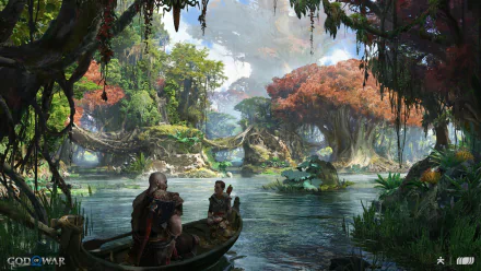 HD PC desktop wallpaper showcasing a lush, vibrant forest and river scene from the video game God of War: Ragnarök, featuring two characters in a boat.