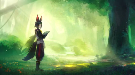 Tighnari from Genshin Impact stands in a lush, glowing forest, featured in an 8K Ultra HD PC desktop wallpaper showcasing vibrant video game art.