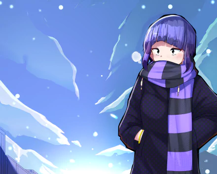 HD anime desktop wallpaper featuring Kyōka Jirō from My Hero Academia, showcasing her with a purple scarf against a bright, icy blue background.
