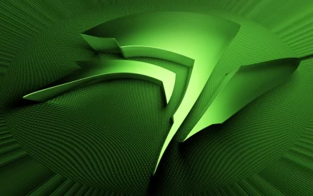 A vibrant HD desktop wallpaper featuring a dynamic green design, embodying technology themes associated with Nvidia. The abstract shapes create a modern and sleek aesthetic.