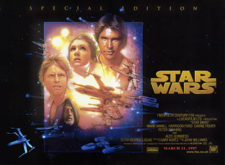 4K Ultra HD desktop wallpaper featuring the iconic Star Wars Episode IV: A New Hope movie poster with Luke Skywalker, Princess Leia, Han Solo, and the Star Wars logo.