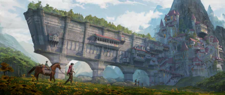 Fantasy cityscape featuring a towering stone bridge with hanging structures, connected to a grand castle, set against a lush, vibrant landscape in this HD PC desktop wallpaper.