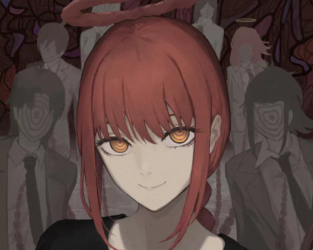 HD anime desktop wallpaper featuring Makima from Chainsaw Man with intense amber eyes and red hair, set against a dark, eerie background.