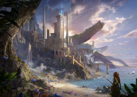HD fantasy cityscape wallpaper featuring towering structures on a rocky coastline with mystical lighting and a lone figure observing the scene.