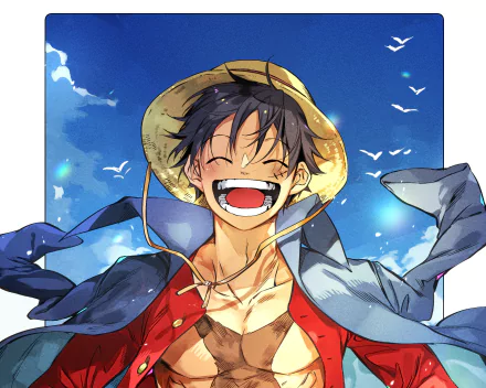 HD anime desktop wallpaper featuring Monkey D. Luffy from One Piece, smiling brightly against a vibrant blue sky with flying birds.