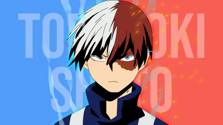 Shoto Todoroki from My Hero Academia is depicted in vivid 8K Ultra HD detail with a contrasting blue and red background in this anime PC desktop wallpaper.