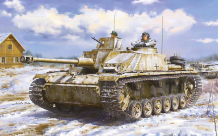 HD desktop wallpaper depicting a Sturmgeschütz III self-propelled artillery vehicle with crew in a snowy military setting under a partly cloudy sky.