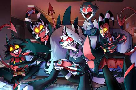 HD desktop wallpaper featuring Helluva Boss characters Stolas, Moxxie, Millie, Loona, and Blitzo in a dynamic, vibrant scene from the TV show Helluva Boss.