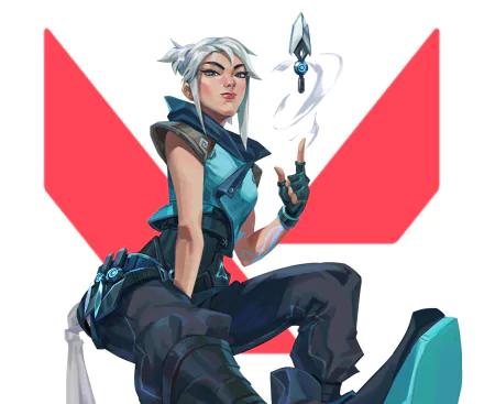 Jett from Valorant, video game character, in a dynamic seated pose with kunai; stylized HD PC desktop wallpaper with red Valorant emblem behind her.