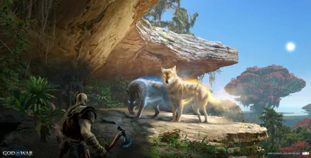 Video game — God of War: Ragnarök 2K Quad HD PC desktop wallpaper: Kratos on a sunlit cliff with two glowing wolves amid lush Nordic scenery.