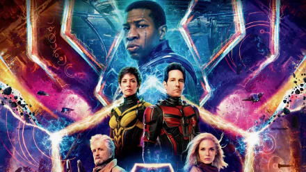 Ant-Man and The Wasp: Quantumania 8K Ultra HD PC wallpaper: costumed heroes and allies stand before a glowing, insect-like quantum vortex surrounded by neon cosmic energy.