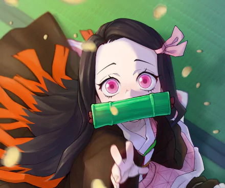 HD desktop wallpaper featuring Nezuko Kamado from the anime Demon Slayer: Kimetsu no Yaiba, showcasing her vibrant pink eyes and a bamboo muzzle with a soft, glowing background.