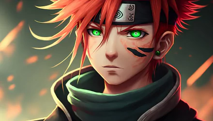 AI art HD PC desktop wallpaper of a red‑haired anime ninja with piercing green eyes, face markings and Naruto-inspired headband, vivid green accents and dramatic lighting.