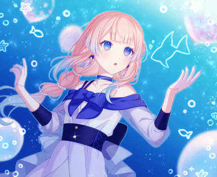 HD PC desktop wallpaper of Sangonomiya Kokomi from Genshin Impact: pink-haired Kokomi in a ribboned blue-white outfit against a bubbly ocean-blue background with fish silhouettes.